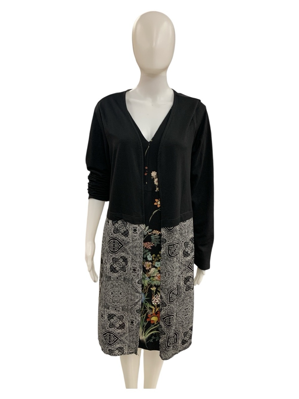 Artisan Black Layered Dress with Floral & Paisley Panels Size L
